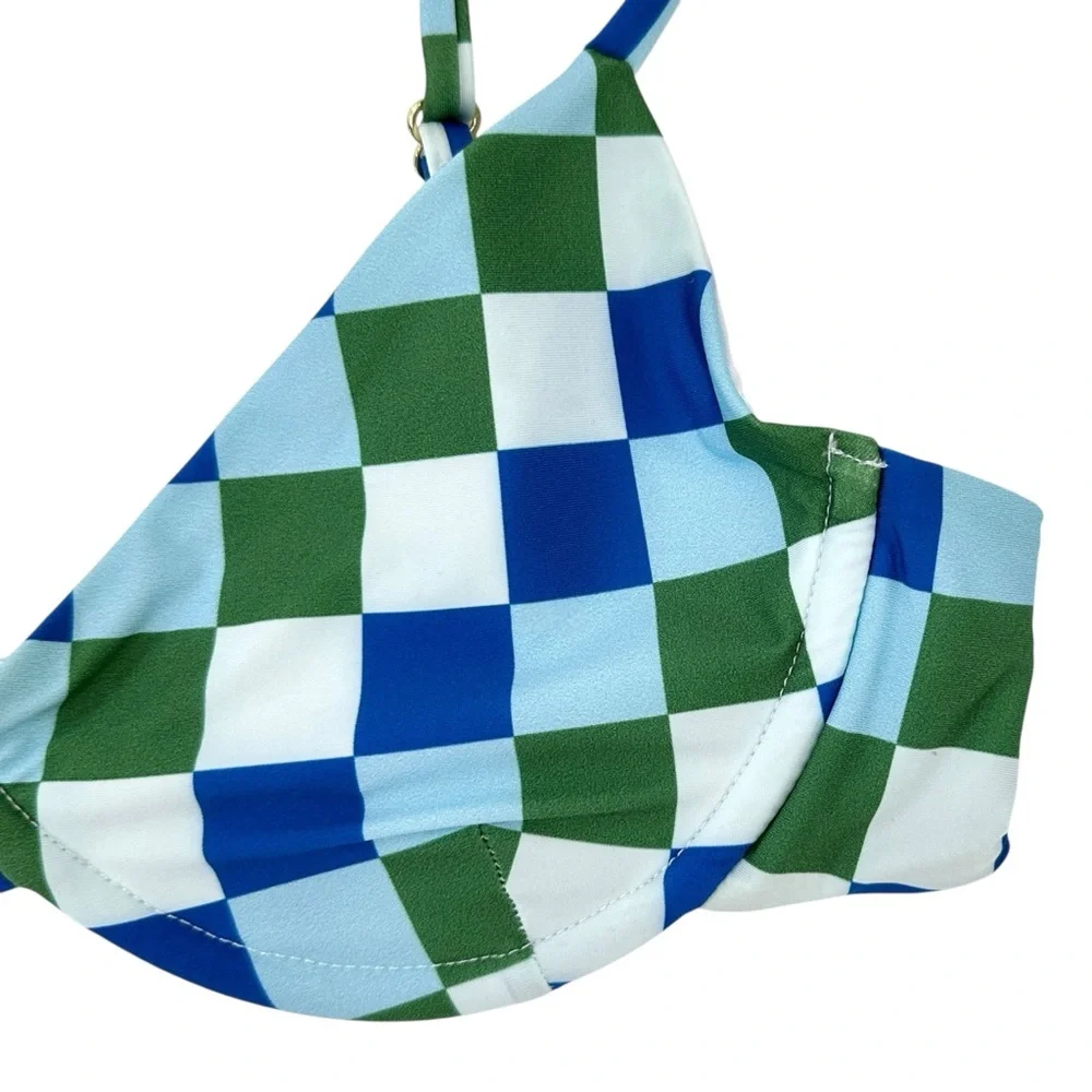 Beach Riot Camilla Blue Green & White Check Plaid Bikini Swimsuit Swim Top sz L - Picture 3 of 10